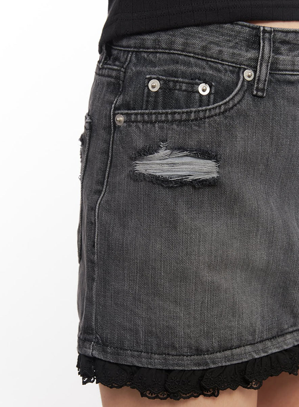 Distressed Denim Lace Mini Skirt IY529